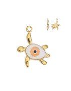 Pendentif tortue émaillée blanc œil en métal couleur or