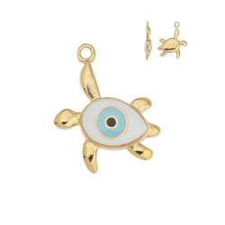 Pendentif tortue émaillée blanc œil ciel en métal couleur or Pendentif tortue émaillée blanc œil ciel en métal couleur or