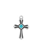 Pendentif croix émaillée turquoise en métal placage argent