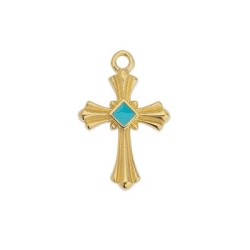 Pendentif croix émaillée turquoise en métal couleur or