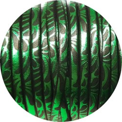 Cuir plat 5mm avec relief floral vert bouteille et vert en vente au cm