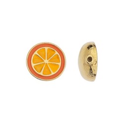 Perle orange tranché de 13mm émaillée en métal couleur or