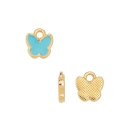 Pampille papillon émaillée turquoise en métal couleur or