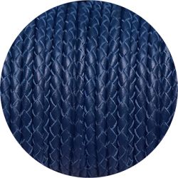 Cordon de cuir rond tresse 3mm bleu-vente au cm