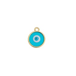 Disque rond de 14mm en métal couleur or émaillé oeil transparent turquoise