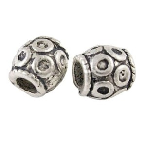 Sachet de 10 Petites perles en forme de tonneau a pois en metal couleur argent tibetain-6mm