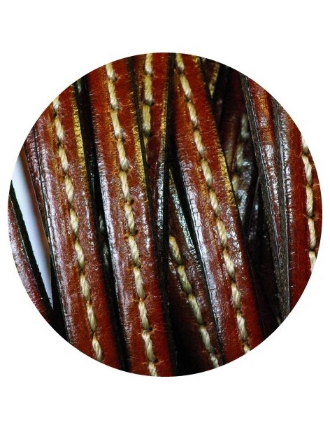 Cordon de cuir plat 5mm x 2mm marron fonce couture blanche-vente au cm