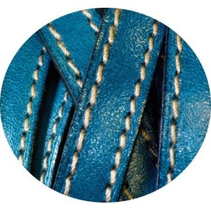 Cordon de cuir plat 10mm x 2mm bleu atoll coutures-vente au cm