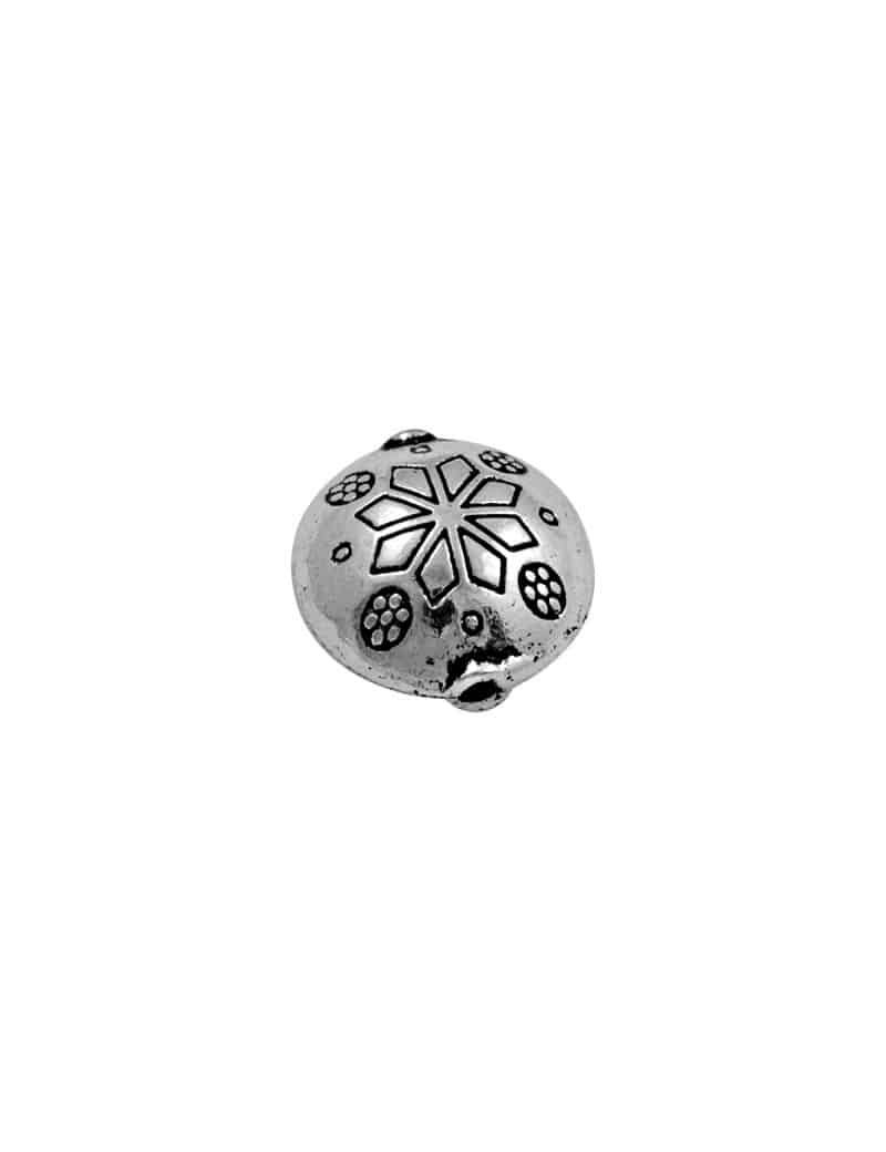 Grosse perle lentille gravee couleur argent tibetain-18mm