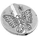 Grande perle plate gravee papillon metal couleur argent tibetain-25mm