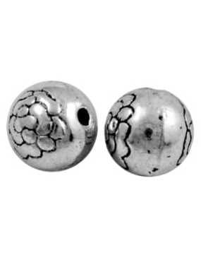 Perle ronde en partie gravee en metal couleur argent tibetain-7.5mm