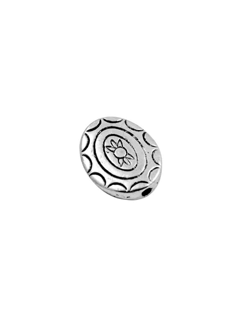 Perle ovale gravee en metal couleur argent tibetain-15mm