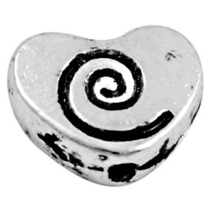 Perle coeur gravee spirale en metal couleur argent tibetain-10mm