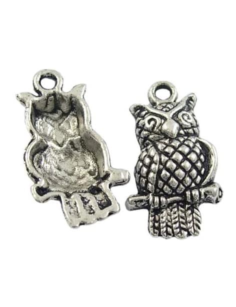 Pampille hibou en metal couleur argent tibetain-22mm