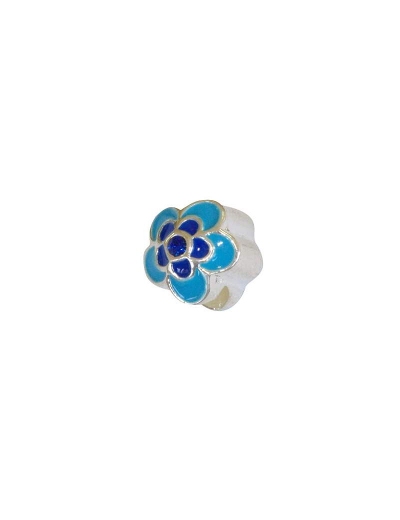 Perle fleur a gros trou en metal emaillee de bleu-13mm