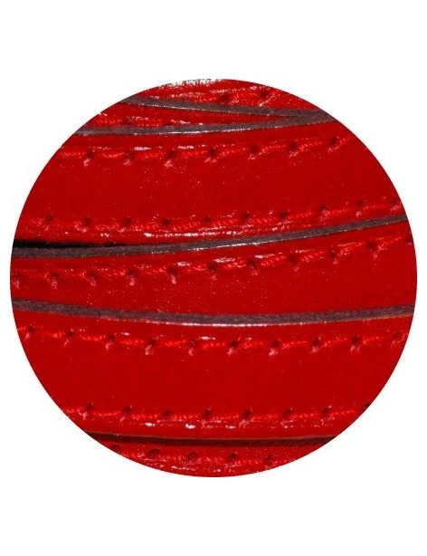 Cordon de cuir plat 10mm x 2mm rouge coutures rouges-vente au cm