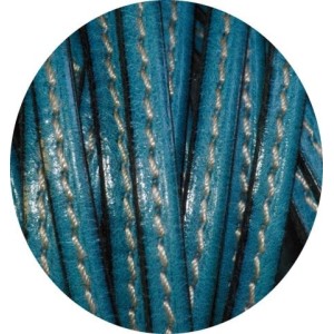 Cordon de cuir plat 5mm x 2mm bleu atoll couture blanche-vente au cm