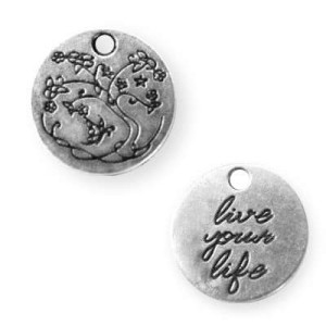 Pampille disque live your life placage argent-15mm
