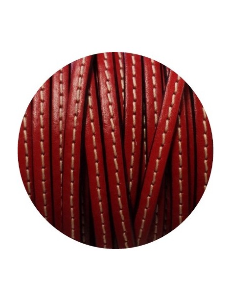 Cordon de cuir plat 5mm rouge couture blanche vendu au metre