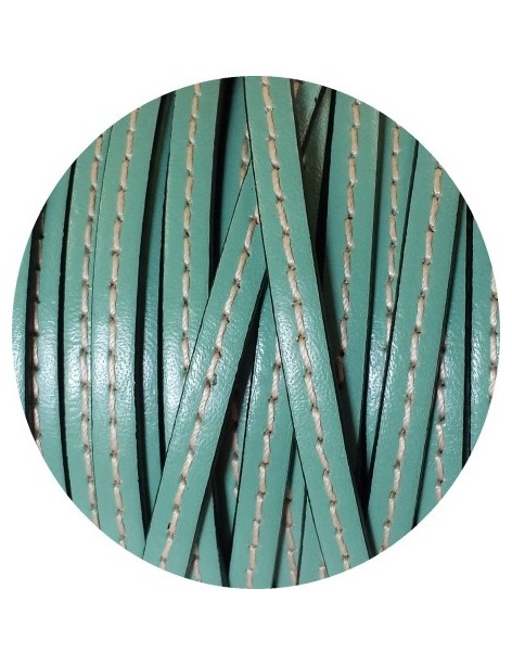 Cordon de cuir plat 5mm x 2mm vert bleu couture blanche-vente au cm