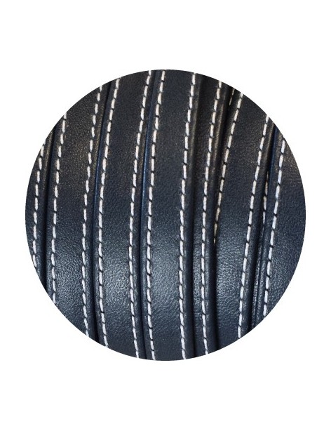 Cordon de cuir plat 10x2mm double bleu gris fonce coutures-vente au cm