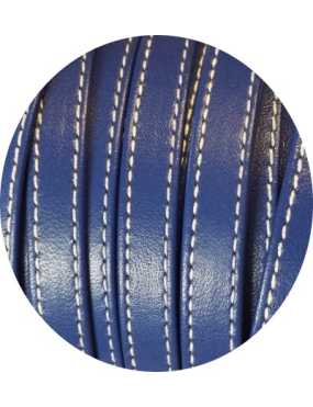 Cordon de cuir plat 10mm x 2mm double bleu coutures-vente au cm