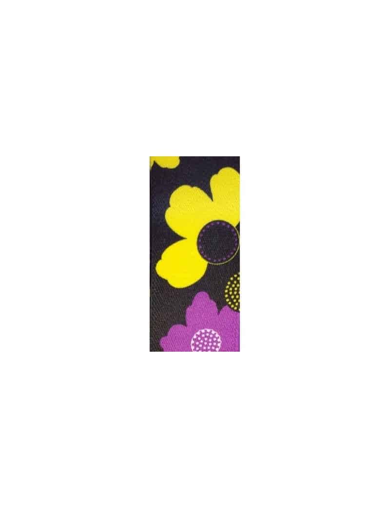 Elastique fantaisie plat 36mm imprime fleurs jaunes-vente au cm