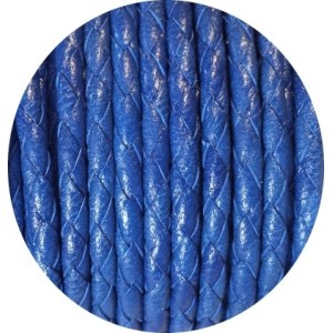 Cordon de cuir rond tresse 3mm bleu-vente au cm