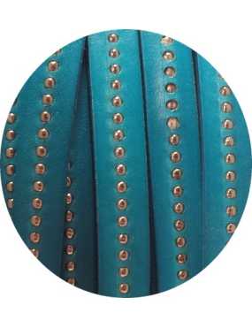 Cordon de cuir plat 10mm turquoise a billes vendu au metre
