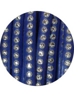 Cordon de cuir plat 6mm bleu cobalt strass vendu au metre