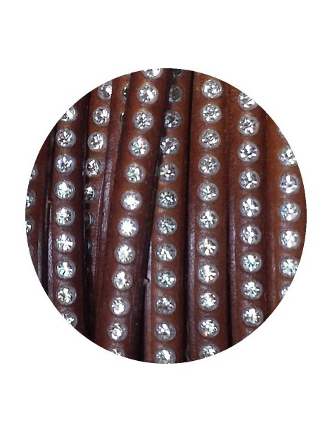 Cordon de cuir plat 6mm marron brun avec strass-vente au cm