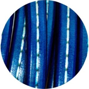 Cordon de gros cuir bleu coutures blanches-vente au cm