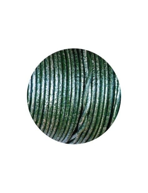 Cordon de cuir rond vert fonce métallique-2mm-Espagne