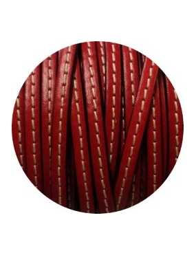 Cordon de cuir plat 5mm x 2mm rouge couture blanche-vente au cm
