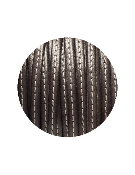 Cordon de cuir plat 5mm gris foncé couture blanche-vente au cm