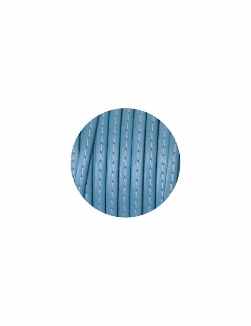 Cordon de cuir plat 5mm bleu ciel couture blanche vendu au metre