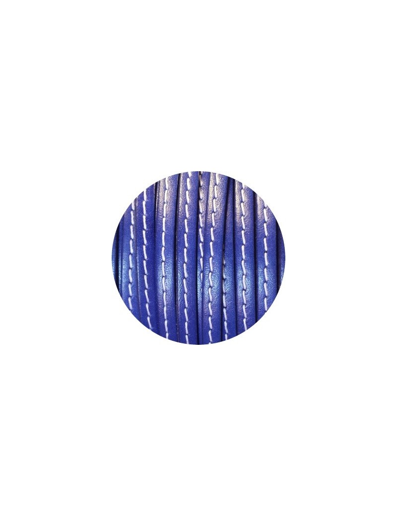 Cordon de cuir plat 5mm bleu cobalt couture blanche vendu au metre
