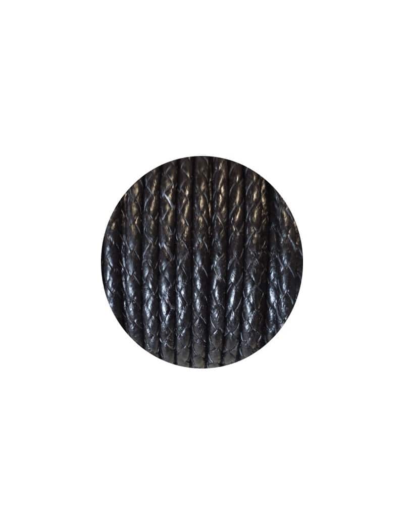 Cordon de cuir rond tresse 3mm noir vendu à la coupe au mètre