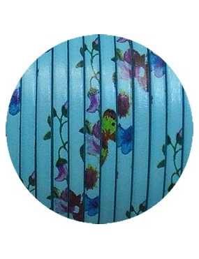Cuir plat 5mm fantaisie turquoise fleuri-vente au cm