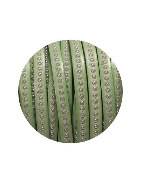 Cordon de cuir plat 8mm vert amande a billes nacrées-vente au cm