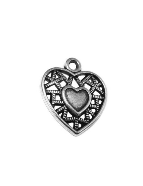 Pampille coeur ajouré en métal placage argent-18mm