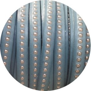 Cordon de cuir plat 8mm bleu a billes nacrées-vente au cm
