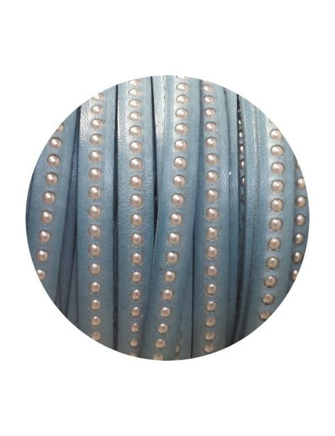 Cordon de cuir plat 8mm bleu a billes nacrées-vente au cm