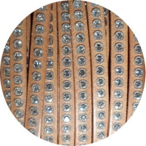 Cordon de cuir plat 6mm naturel strass vendu au metre