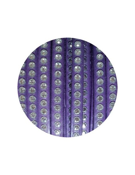 Cordon de cuir plat 6mm violet avec strass-vente au cm