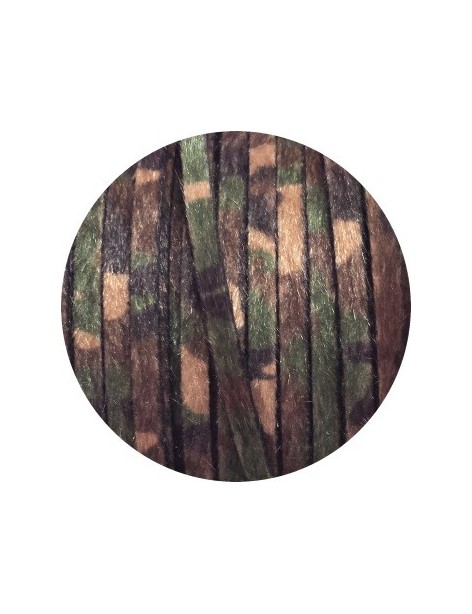Laniere de cuir plat camouflage vert poils synthétiques 5mm-vente au cm