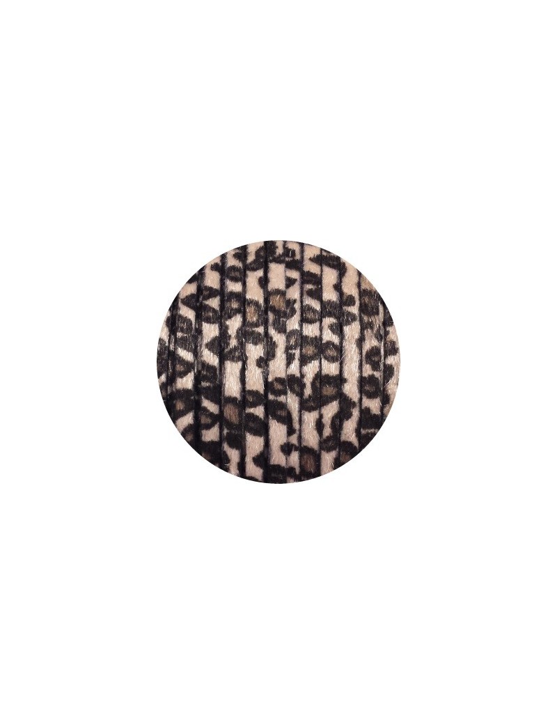 Laniere de cuir plat 5mm léopard beige avec poils synthétiques vendu au metre