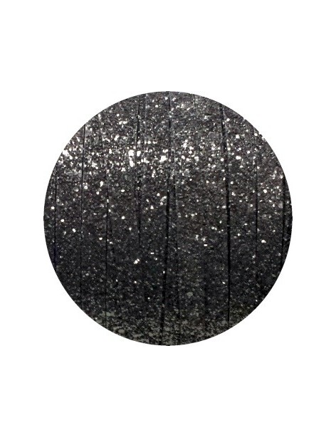 Cordon de cuir plat paillettes 10mm noir-vente au cm