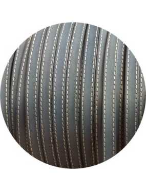 Cordon de cuir plat 10mm bleu gris coutures vendu au mètre