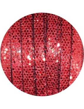 Cordon de cuir plat paillettes 6mm disco rouge-vente au cm